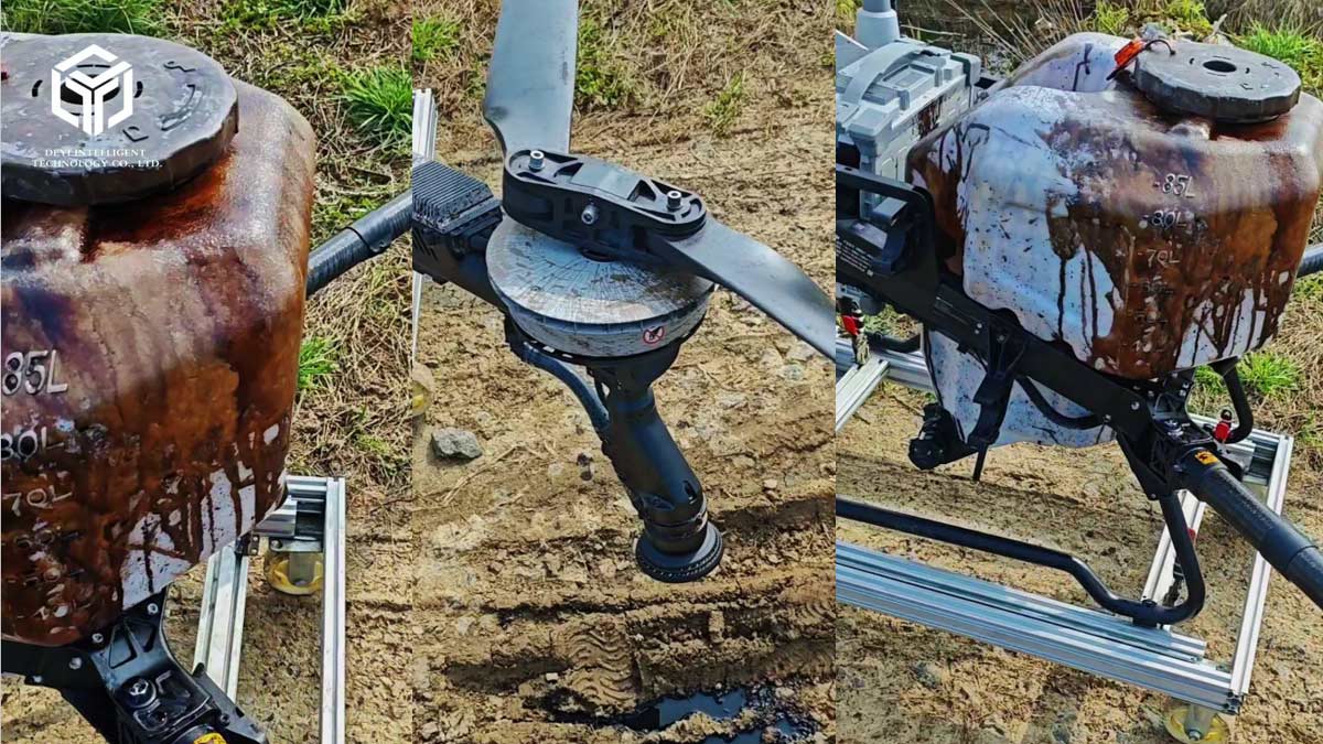 Dirty DJI agricultural drone covered with pesticide residue after farm spraying operation, needs comprehensive cleaning and maintenance