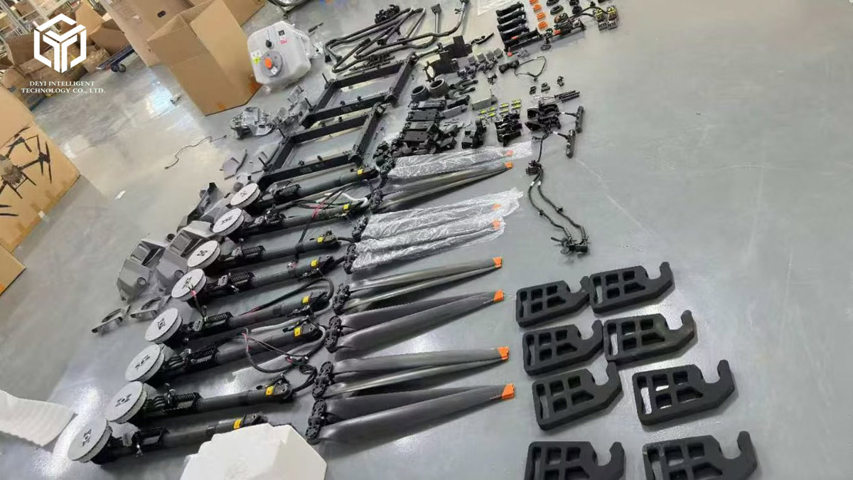Various vulnerable replacement accessories prepared for daily maintenance of DJI Agras agricultural drone to avoid farm operation downtime