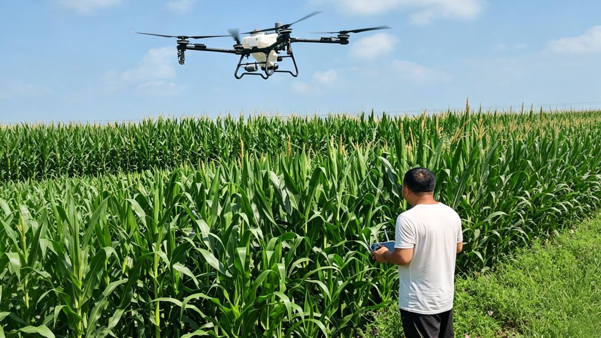 DJI Agras T70P agricultural drone spraying pesticide on corn crops for farm pest control