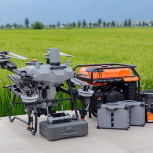 DJI AGRAS T70P agricultural drone complete package with generator, batteries and remote controller working in farm field
